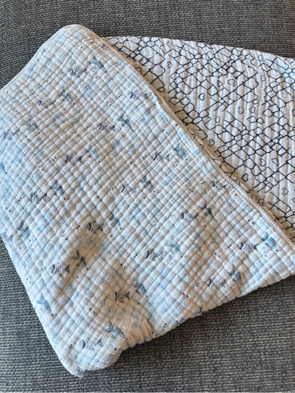 aden + anais Blue + White Fish/Heart Reversible Muslin Classic Dream Blanket